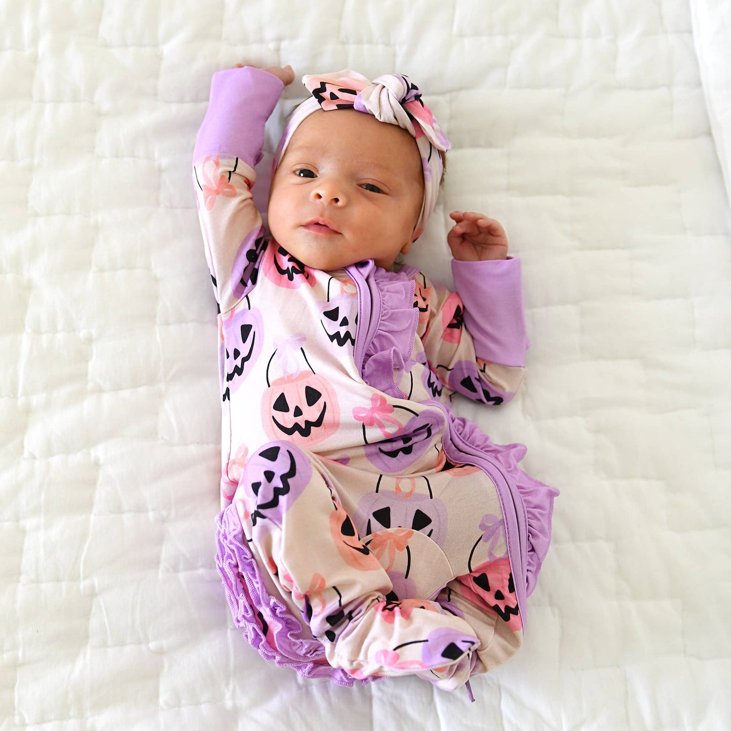 0-3M | Gigi and Max | Emmy Ruffle Zip Bamboo Halloween Pumpkins Baby Outfit | NWT