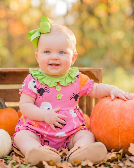 6M | Posh Pickle | Boo! Pink Knit Halloween Print Bubble with Lime Green Ruffle Collar | NWT