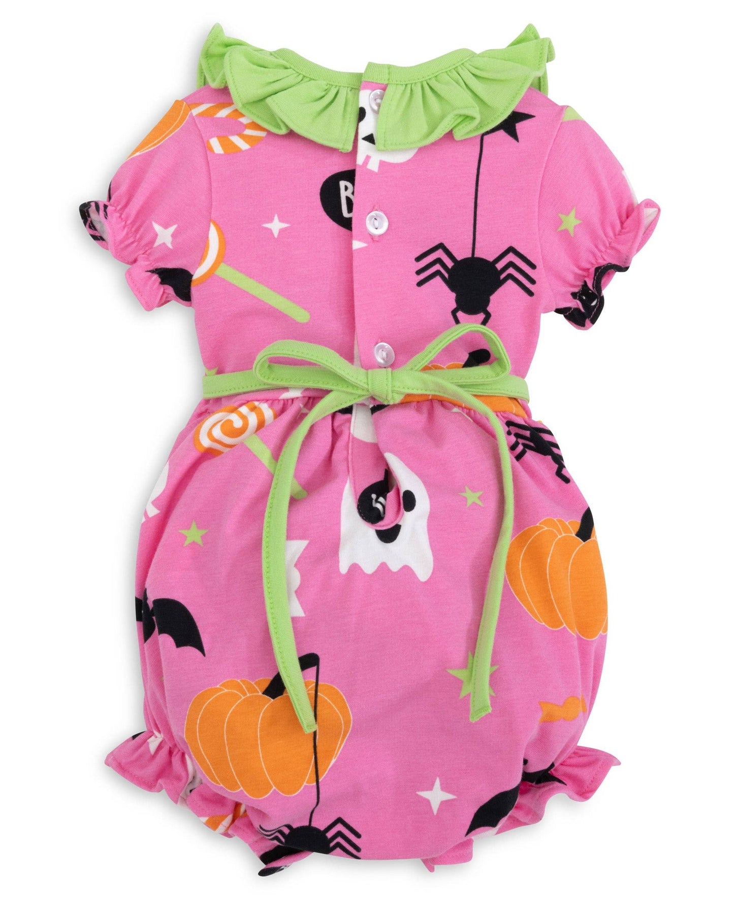 6M | Posh Pickle | Boo! Pink Knit Halloween Print Bubble with Lime Green Ruffle Collar | NWT