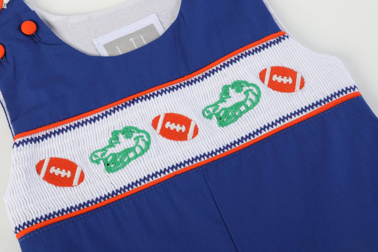 12-18M | Lil Cactus | Blue and Orange Football Smocked Overalls | NWT