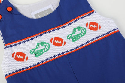 12-18M | Lil Cactus | Blue and Orange Football Smocked Overalls | NWT