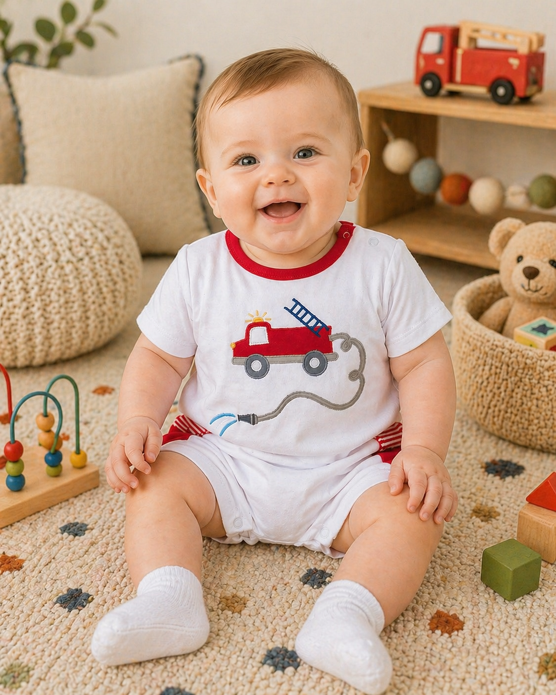24M | Petit Ami | Fire Truck Applique Knit Romper | NWT
