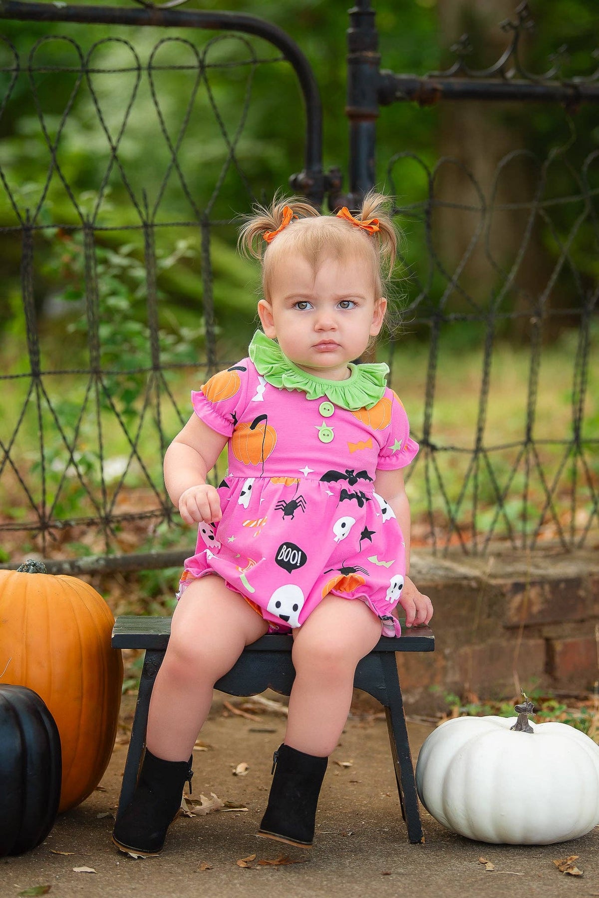 6M | Posh Pickle | Boo! Pink Knit Halloween Print Bubble with Lime Green Ruffle Collar | NWT