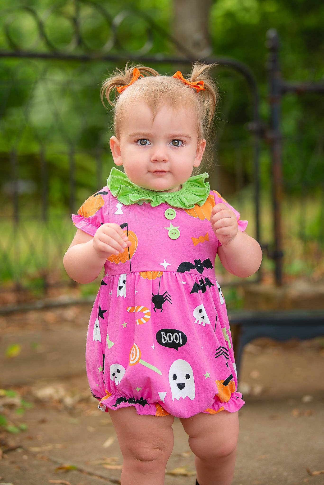 6M | Posh Pickle | Boo! Pink Knit Halloween Print Bubble with Lime Green Ruffle Collar | NWT