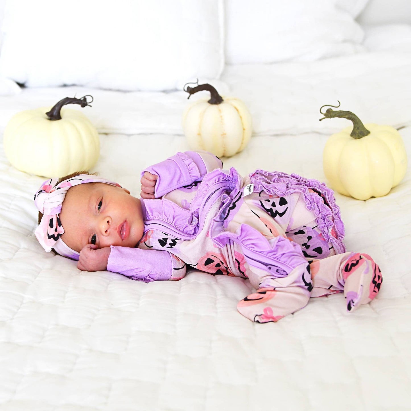 0-3M | Gigi and Max | Emmy Ruffle Zip Bamboo Halloween Pumpkins Baby Outfit | NWT