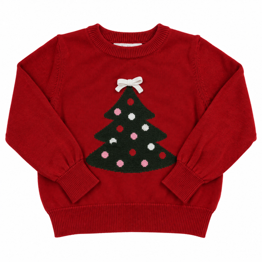 Red Girlhood Christmas tree sweater with white bow