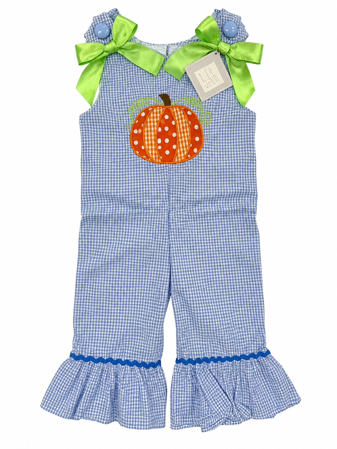 Lil Cactus blue gingham pumpkin romper with green bows, size 3–6 months NWT