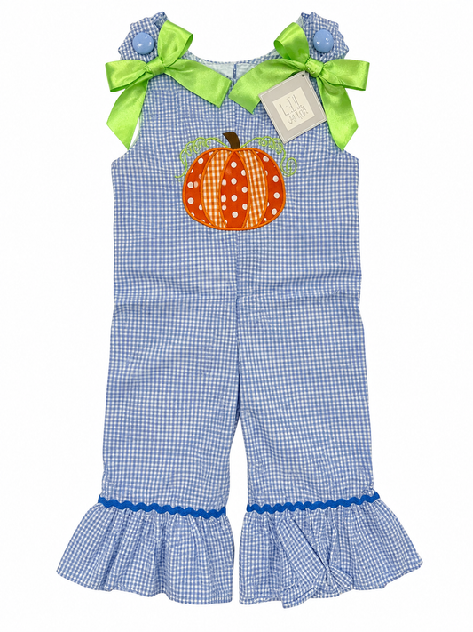 Lil Cactus blue gingham pumpkin romper with green bows, size 3–6 months NWT
