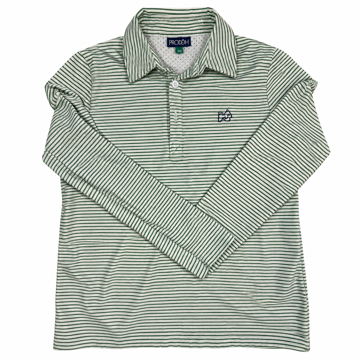 Green and white Prodoh polo with original logo orientation