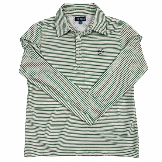 Green and white Prodoh polo with original logo orientation