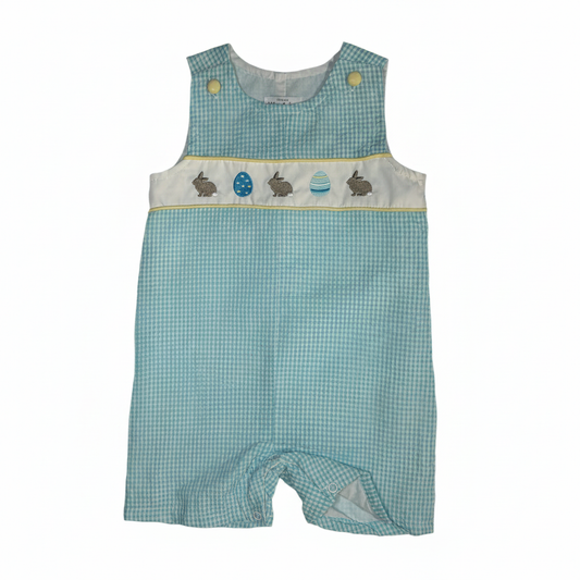 Abby & Evie Blue Gingham Easter Bunny & Egg Smocked Jon Jon size 12M new with tags