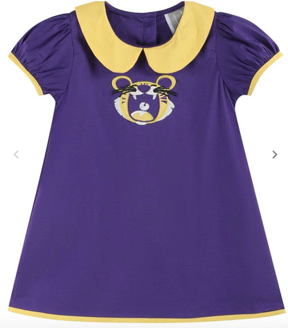 Lil Cactus Louisiana Cheer Dress, purple and gold with embroidered tiger mascot