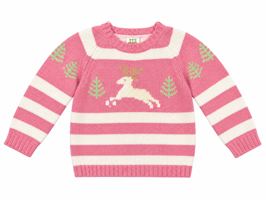 6-12M Baby Gap pink and white striped reindeer sweater EUC