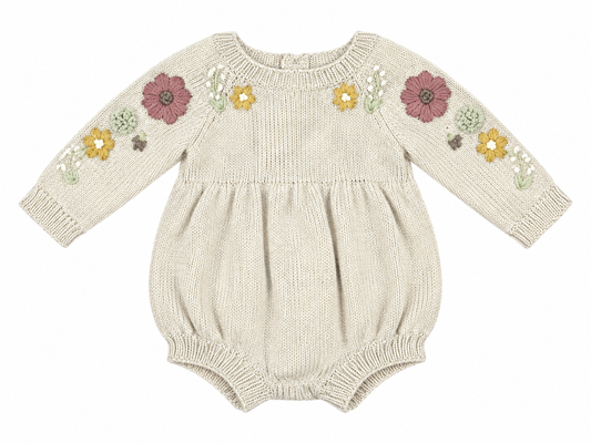 0M Shirley Bradford light tan embroidered floral sweater bubble EUC